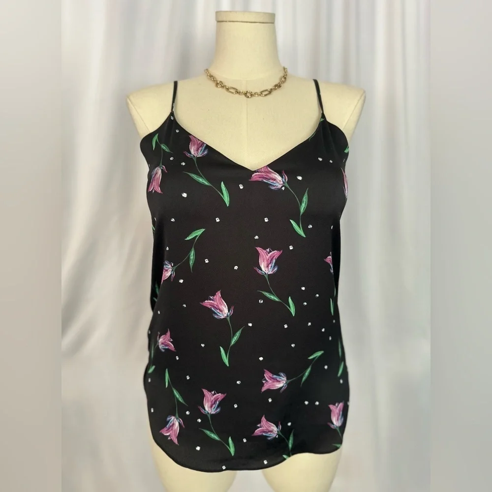 Tahari Floral Satin Cami Top Black Pink Lily Print V-Neck Spaghetti strap (1066)